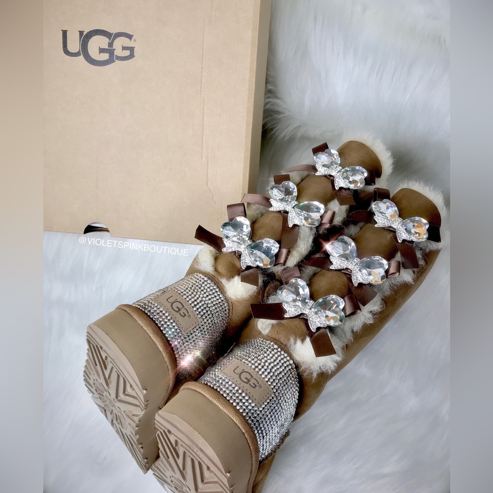 Womens custom bling crystal Bailey bow tall Ugg boots with Swarovski crystals - Picture 5 of 7